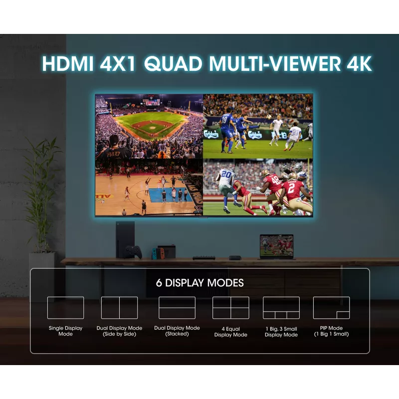 Comutador multiviewer HDMI 4K 4 portas Manhattan, comutador com quatro entradas num ecrã, 4K@30Hz, várias opções de visualização incluindo picture-in-picture e ecrã duplo/quádruplo, botões ou telecomando, áudio 3,5 mm e Toslink, preto, 3 anos de garantia