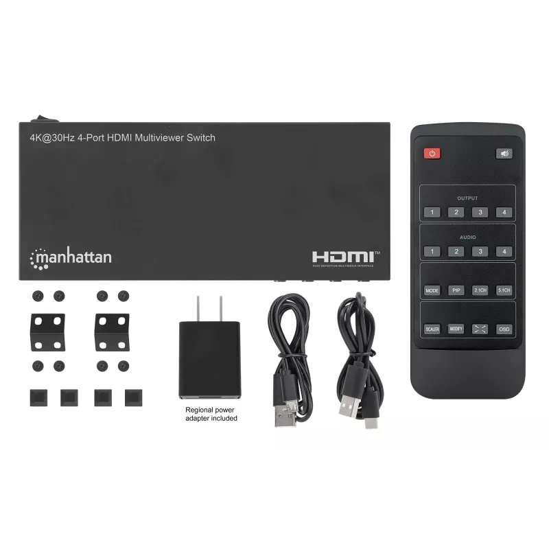 Comutador multiviewer HDMI 4K 4 portas Manhattan, comutador com quatro entradas num ecrã, 4K@30Hz, várias opções de visualização incluindo picture-in-picture e ecrã duplo/quádruplo, botões ou telecomando, áudio 3,5 mm e Toslink, preto, 3 anos de garantia