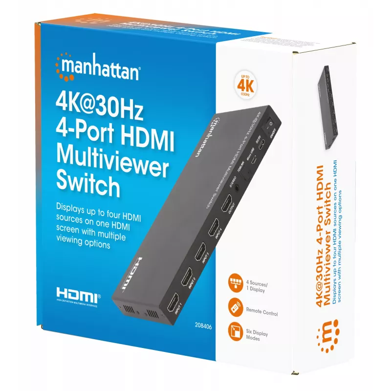 Comutador multiviewer HDMI 4K 4 portas Manhattan, comutador com quatro entradas num ecrã, 4K@30Hz, várias opções de visualização incluindo picture-in-picture e ecrã duplo/quádruplo, botões ou telecomando, áudio 3,5 mm e Toslink, preto, 3 anos de garantia