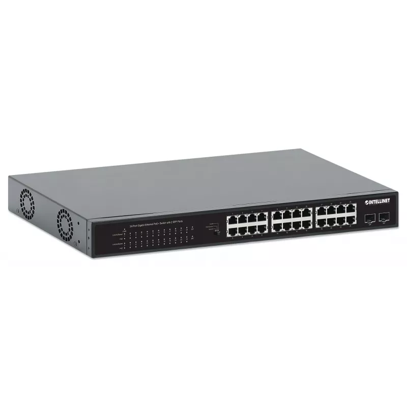 Comutador Intellinet 24 portas Gigabit Ethernet PoE+ com 2 portas SFP conforme IEEE 802.3at/af (PoE+/PoE), orçamento de potência PoE de 370 W, duas ranhuras abertas 1G SFP, montagem em rack 19 polegadas