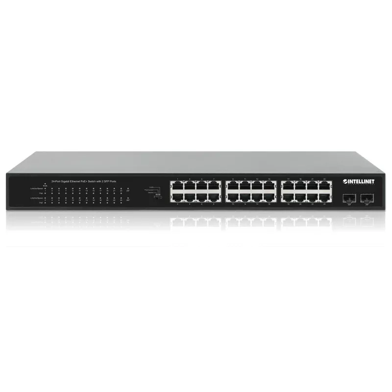 Comutador Intellinet 24 portas Gigabit Ethernet PoE+ com 2 portas SFP conforme IEEE 802.3at/af (PoE+/PoE), orçamento de potência PoE de 370 W, duas ranhuras abertas 1G SFP, montagem em rack 19 polegadas
