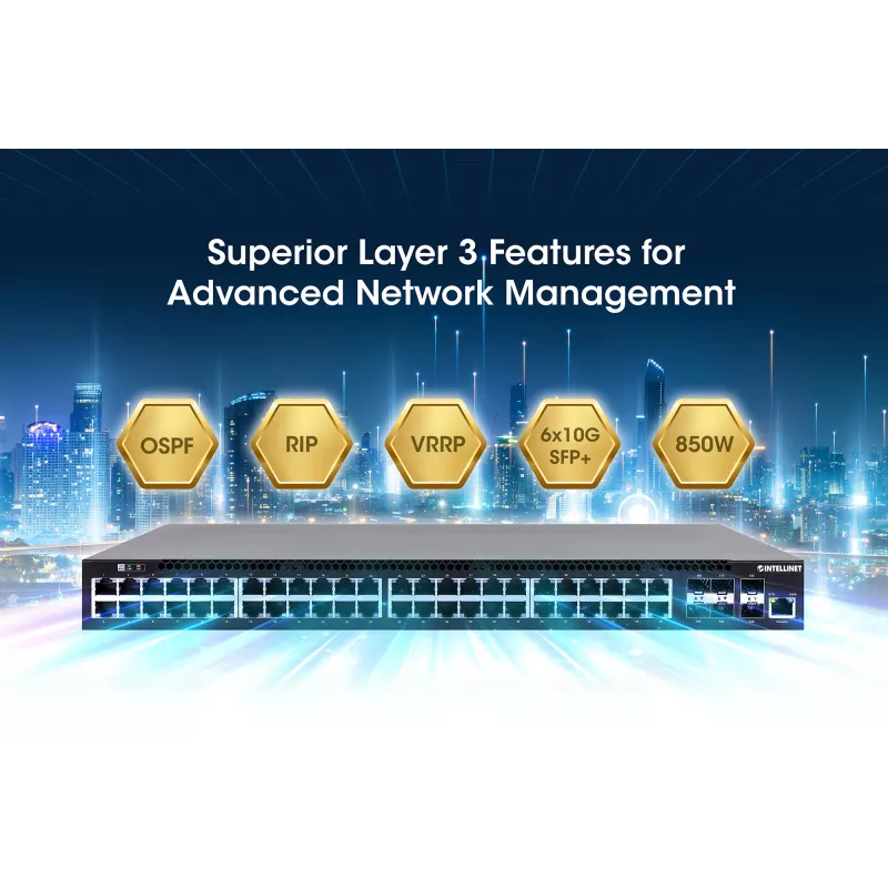 Comutador Intellinet 54 portas L3 Fully Managed PoE+ com 48 portas Gigabit Ethernet e 6 uplinks SFP+