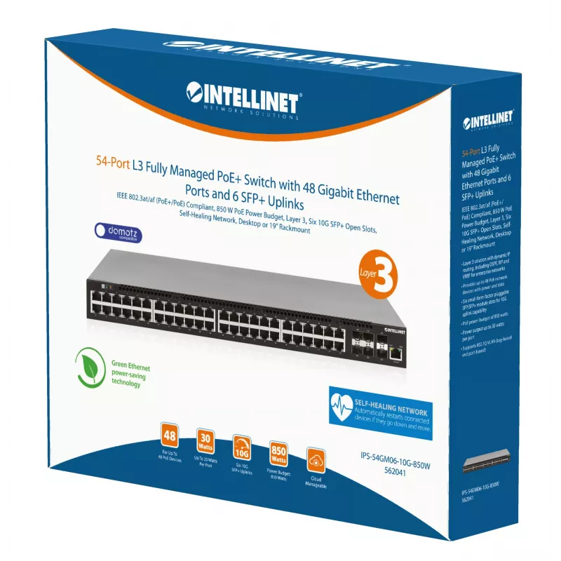 Comutador Intellinet 54 portas L3 Fully Managed PoE+ com 48 portas Gigabit Ethernet e 6 uplinks SFP+