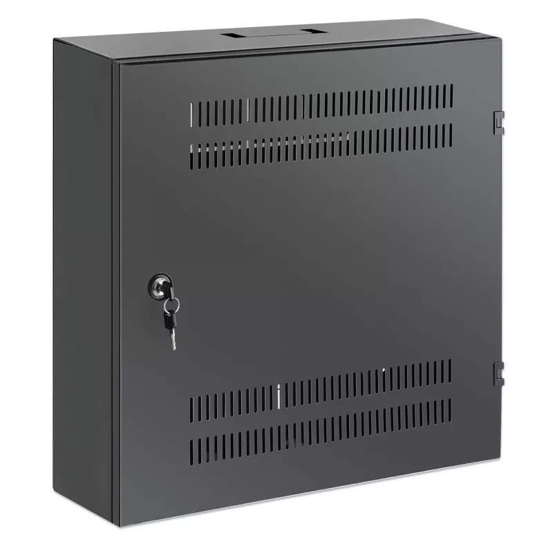 Armário de montagem em parede Intellinet Low-Profile 19 polegadas com 4U calhas horizontais e 2U verticais, caixa elegante e poupadora de espaço com apenas 170 mm de profundidade, ideal para aplicações AV, multimédia e vigilância, montado, preto RAL 7021