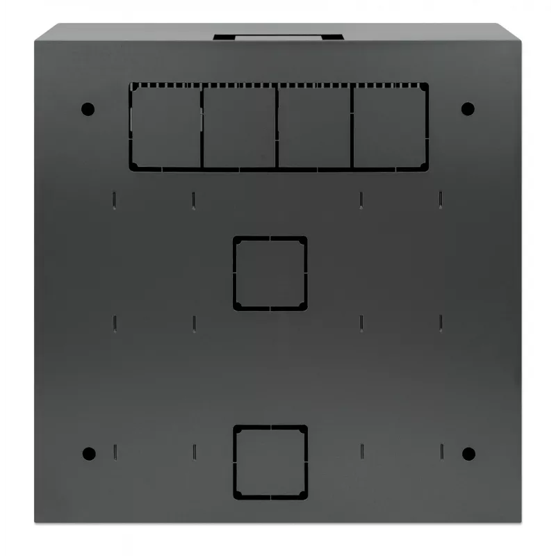 Armário de montagem em parede Intellinet Low-Profile 19 polegadas com 4U calhas horizontais e 2U verticais, caixa elegante e poupadora de espaço com apenas 170 mm de profundidade, ideal para aplicações AV, multimédia e vigilância, montado, preto RAL 7021