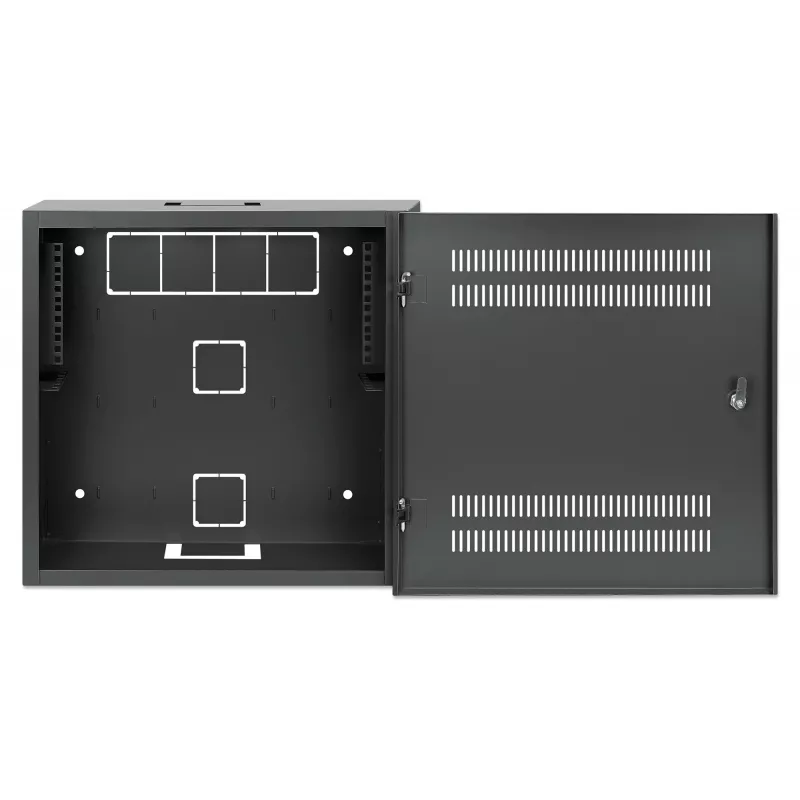 Armário de montagem em parede Intellinet Low-Profile 19 polegadas com 4U calhas horizontais e 2U verticais, caixa elegante e poupadora de espaço com apenas 170 mm de profundidade, ideal para aplicações AV, multimédia e vigilância, montado, preto RAL 7021