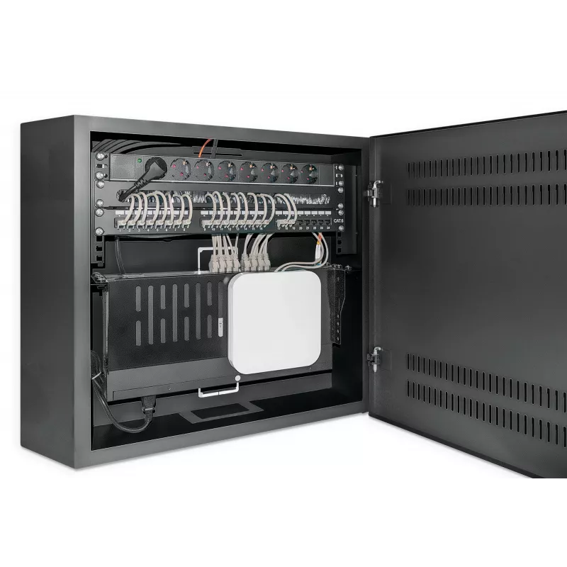 Armário de montagem em parede Intellinet Low-Profile 19 polegadas com 4U calhas horizontais e 2U verticais, caixa elegante e poupadora de espaço com apenas 170 mm de profundidade, ideal para aplicações AV, multimédia e vigilância, montado, preto RAL 7021