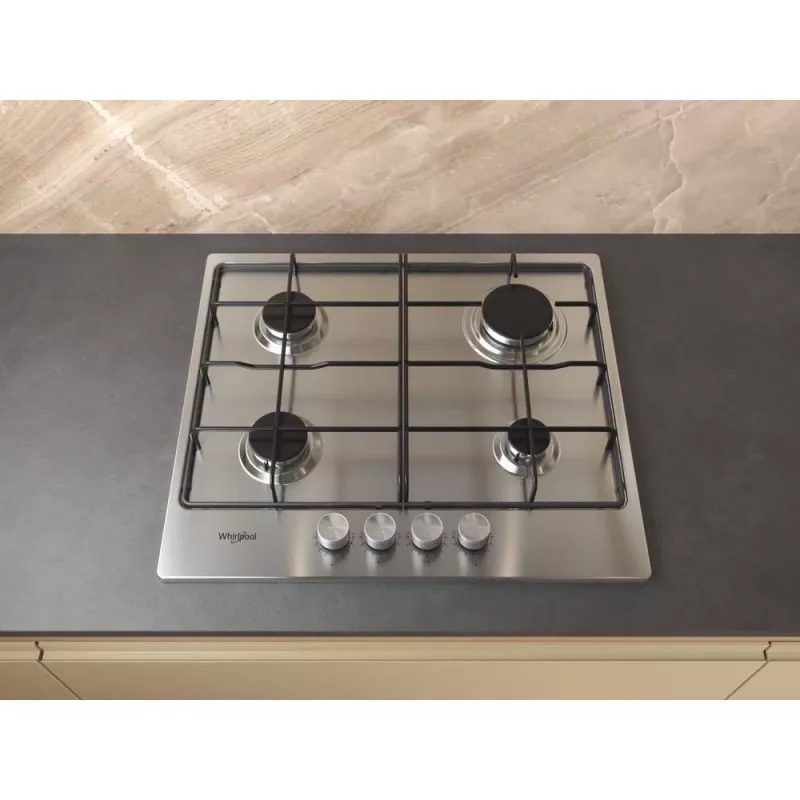 Whirlpool TGML 650 IX Placa de encastrar em aço inoxidável 58 cm gás 4 zonas de cozedura