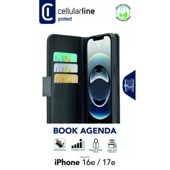 Cellularline Book Agenda - Capa tipo livro para iPhone 16e/17e em pele sintética com fecho magnético