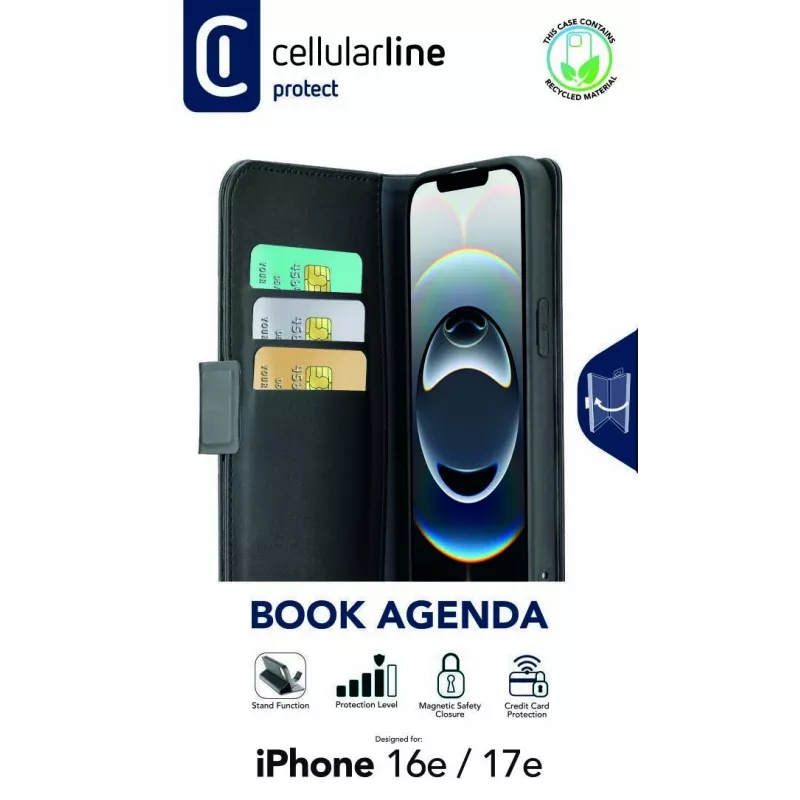 Cellularline Book Agenda - Capa tipo livro para iPhone 16e/17e em pele sintética com fecho magnético