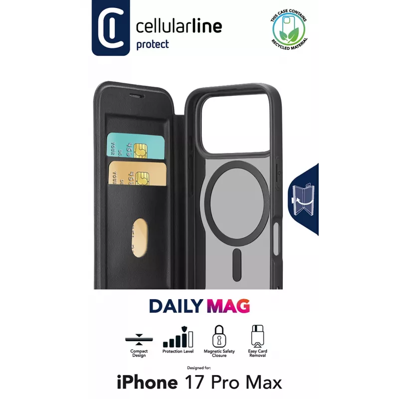 Cellularline Daily Mag - Capa tipo livro para iPhone 17 Pro Max com parte traseira rígida semitransparente compatível com o ecossistema Magsafe®