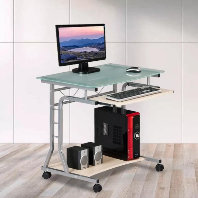 Techly Mesa de PC compacta em metal e vidro com rodas ICA-TB 3791A