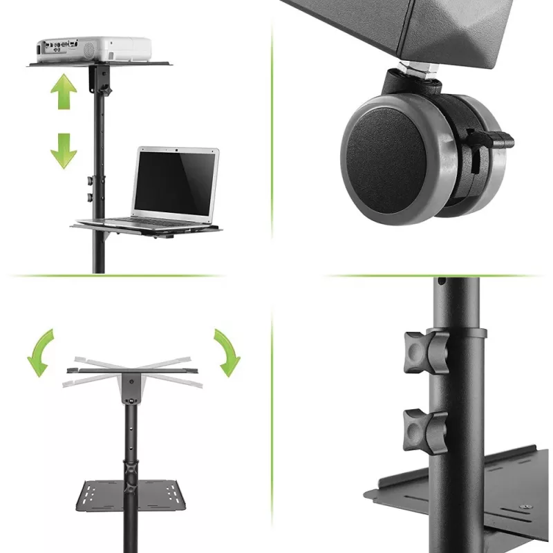 Techly ICA-TB TPM-10 carrinho ajustável em altura para projetor e portátil com prateleira, preto