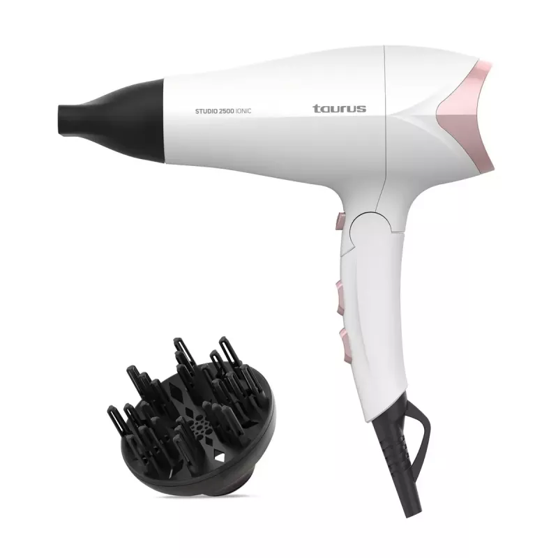 Secador de cabelo Taurus STUDIO 2500 IONIC 2400 W branco com função iónica, 3 níveis de calor, 2 velocidades, difusor e concentrador