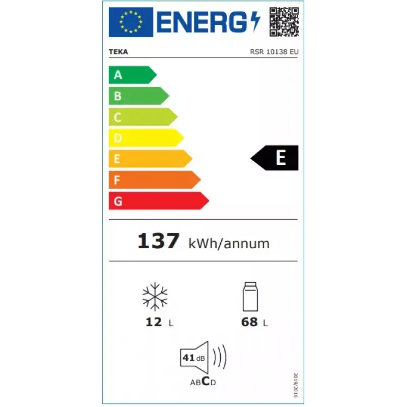 Frigorífico de livre instalação TEKA RSR 10138, 80 L capacidade total (68 L frigorífico, 12 L congelador), compressor inverter, branco