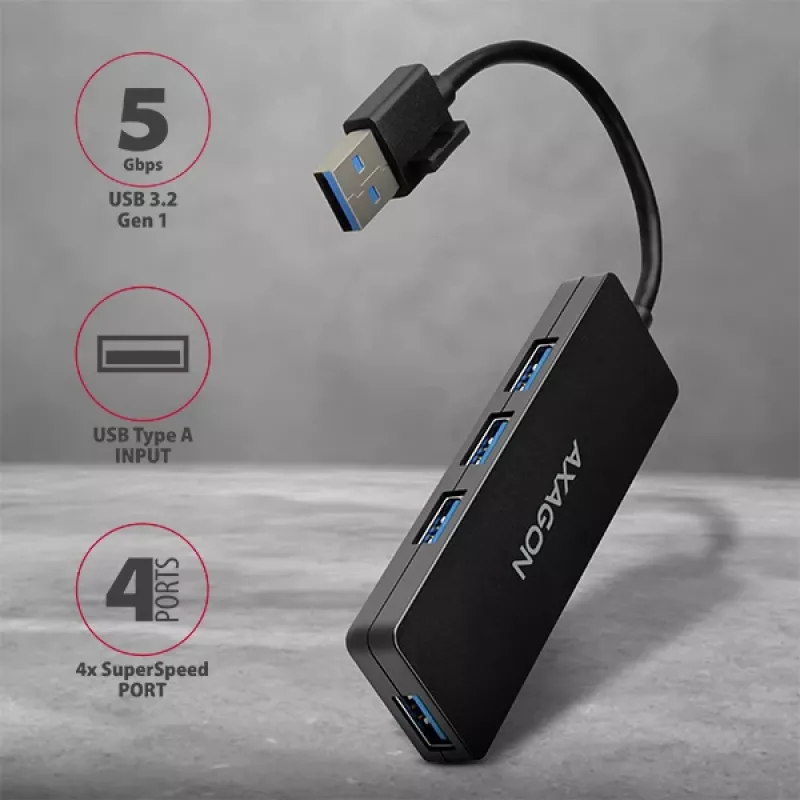 Hub USB SuperSpeed fino Axagon, USB 3.2 Gen 1 (3.1 Gen 1) Type-A, USB 3.2 Gen 1 (3.1 Gen 1) Type-A, 5000 Mbit/s, preto, plástico, 0,14 m