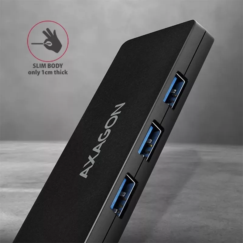 Hub USB SuperSpeed fino Axagon, USB 3.2 Gen 1 (3.1 Gen 1) Type-A, USB 3.2 Gen 1 (3.1 Gen 1) Type-A, 5000 Mbit/s, preto, plástico, 0,14 m