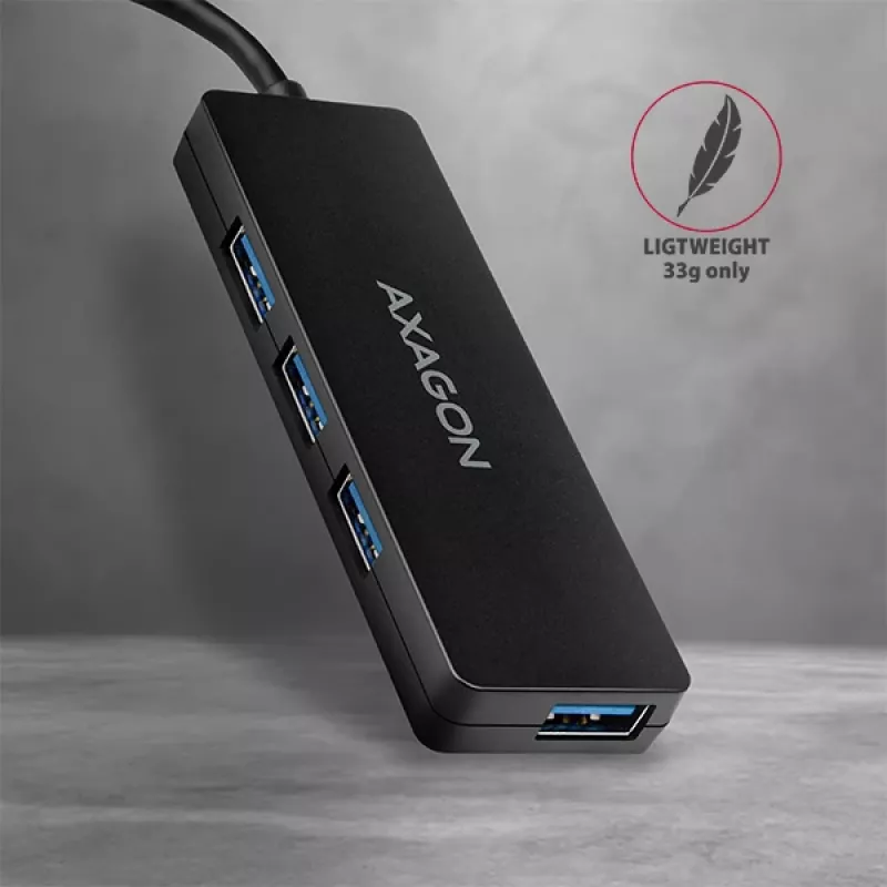 Hub USB SuperSpeed fino Axagon, USB 3.2 Gen 1 (3.1 Gen 1) Type-A, USB 3.2 Gen 1 (3.1 Gen 1) Type-A, 5000 Mbit/s, preto, plástico, 0,14 m