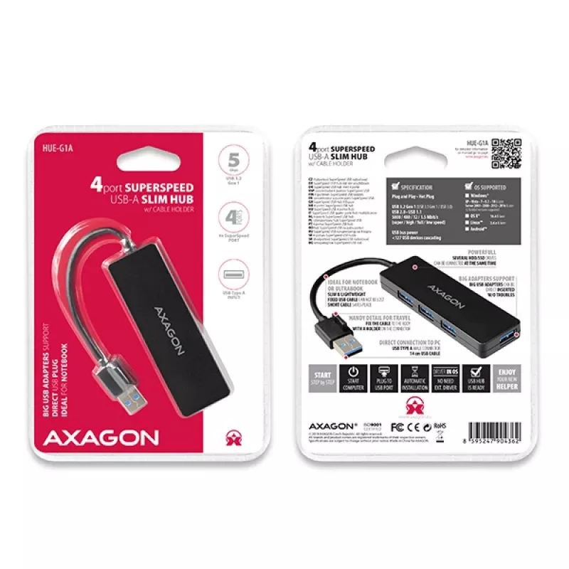 Hub USB SuperSpeed fino Axagon, USB 3.2 Gen 1 (3.1 Gen 1) Type-A, USB 3.2 Gen 1 (3.1 Gen 1) Type-A, 5000 Mbit/s, preto, plástico, 0,14 m