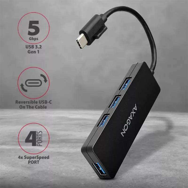 Hub USB-C SuperSpeed fino Axagon, USB 3.2 Gen 1 (3.1 Gen 1) Type-C, USB 3.2 Gen 1 (3.1 Gen 1) Type-A, 5000 Mbit/s, preto, plástico, 0,14 m