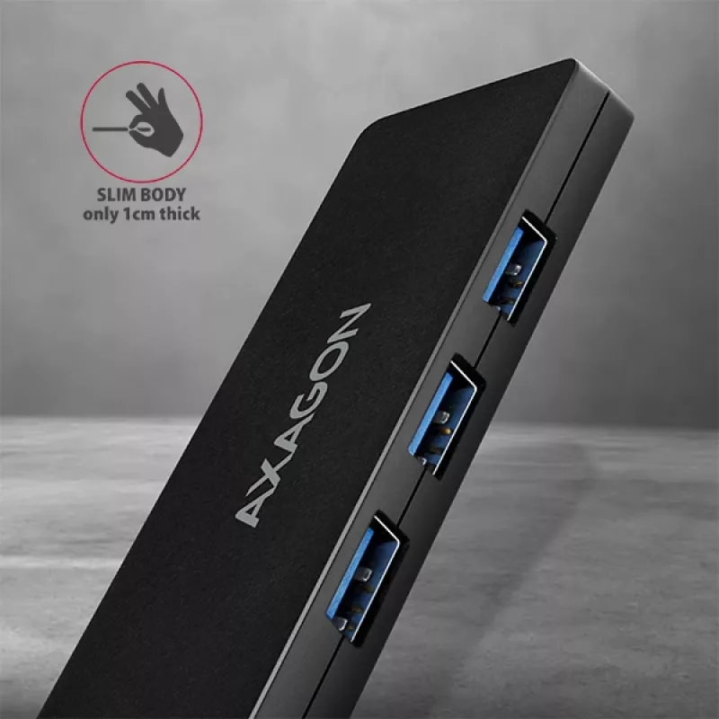 Hub USB-C SuperSpeed fino Axagon, USB 3.2 Gen 1 (3.1 Gen 1) Type-C, USB 3.2 Gen 1 (3.1 Gen 1) Type-A, 5000 Mbit/s, preto, plástico, 0,14 m