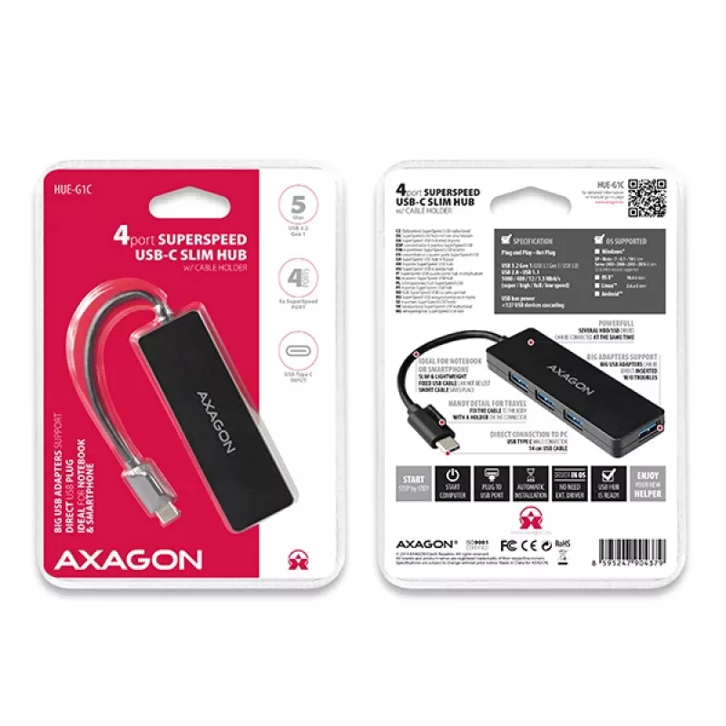 Hub USB-C SuperSpeed fino Axagon, USB 3.2 Gen 1 (3.1 Gen 1) Type-C, USB 3.2 Gen 1 (3.1 Gen 1) Type-A, 5000 Mbit/s, preto, plástico, 0,14 m