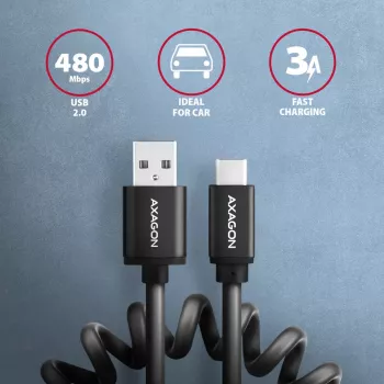 Cabo de dados e carregamento Axagon USB 2.0 comprimento 1,1 m. 3A. Preto espiralado. Cabo USB USB A USB C