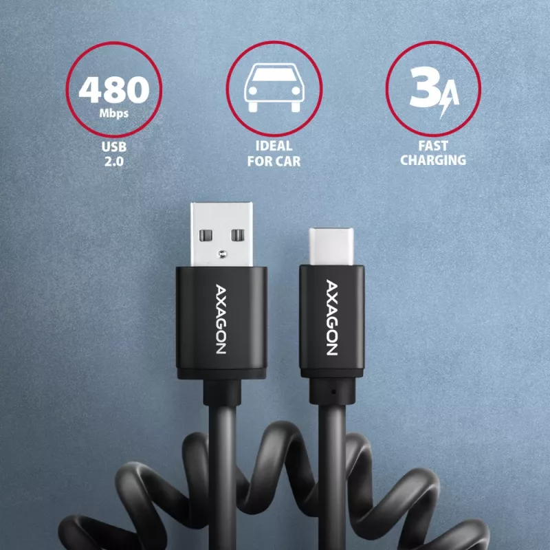 Cabo de dados e carregamento Axagon USB 2.0 comprimento 1,1 m. 3A. Preto espiralado. Cabo USB USB A USB C