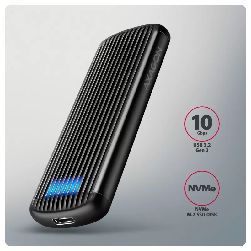AXAGON EEM2-SC caixa externa USB-C 10 Gbit/s em metal sem parafusos para SSD M.2 NVMe, uma ranhura, cinzento