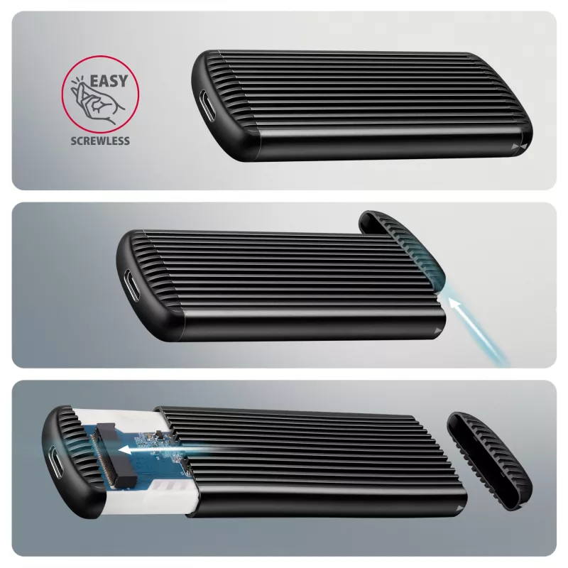 AXAGON EEM2-SC caixa externa USB-C 10 Gbit/s em metal sem parafusos para SSD M.2 NVMe, uma ranhura, cinzento