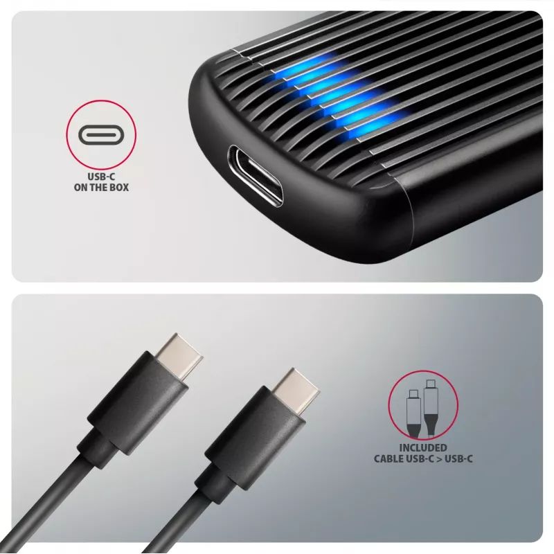 AXAGON EEM2-SC caixa externa USB-C 10 Gbit/s em metal sem parafusos para SSD M.2 NVMe, uma ranhura, cinzento
