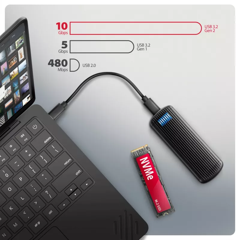 AXAGON EEM2-SC caixa externa USB-C 10 Gbit/s em metal sem parafusos para SSD M.2 NVMe, uma ranhura, cinzento