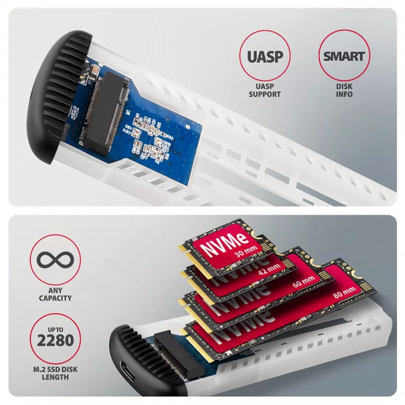 AXAGON EEM2-SC caixa externa USB-C 10 Gbit/s em metal sem parafusos para SSD M.2 NVMe, uma ranhura, cinzento