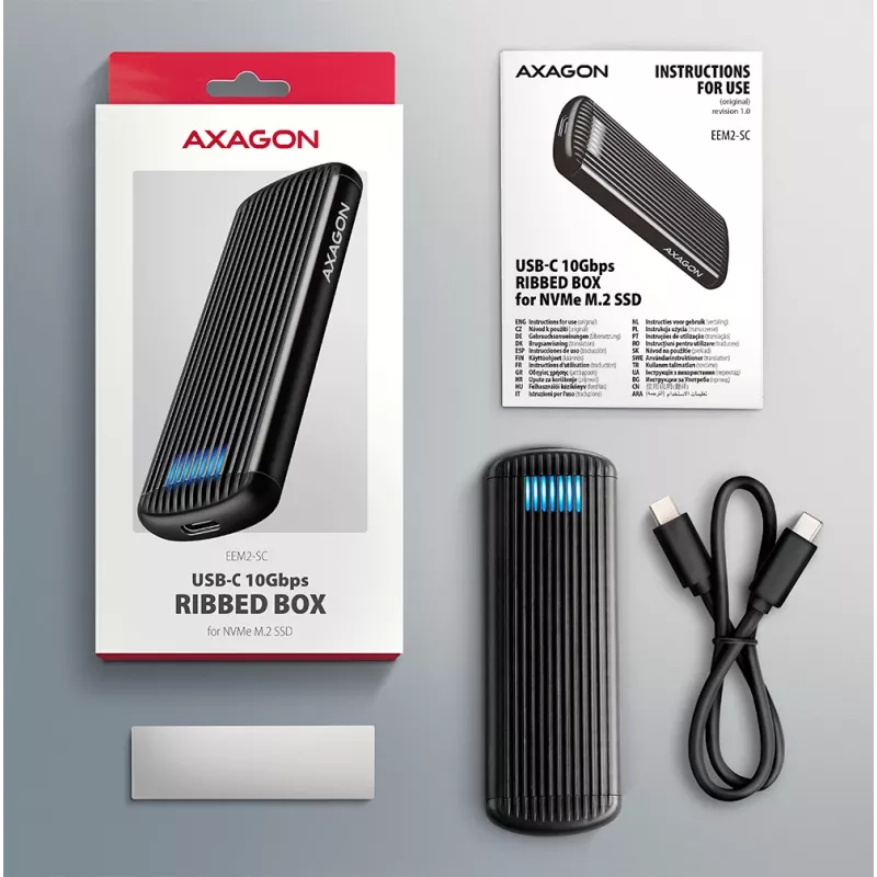 AXAGON EEM2-SC caixa externa USB-C 10 Gbit/s em metal sem parafusos para SSD M.2 NVMe, uma ranhura, cinzento