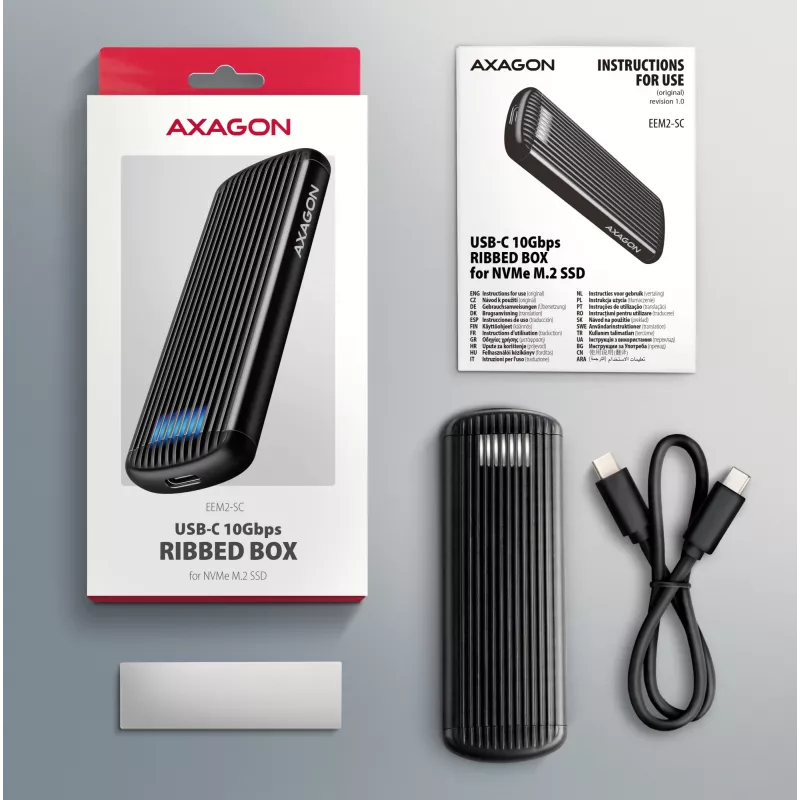 AXAGON EEM2-SC caixa externa USB-C 10 Gbit/s em metal sem parafusos para SSD M.2 NVMe, uma ranhura, cinzento