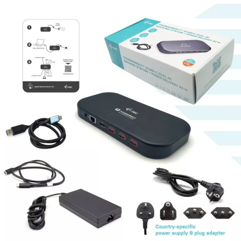 i-tec Thunderbolt 3/USB-C estação de acoplamento Dual-4K + cabo USB-C para DisplayPort (1,5 m) + fonte de alimentação 60 W