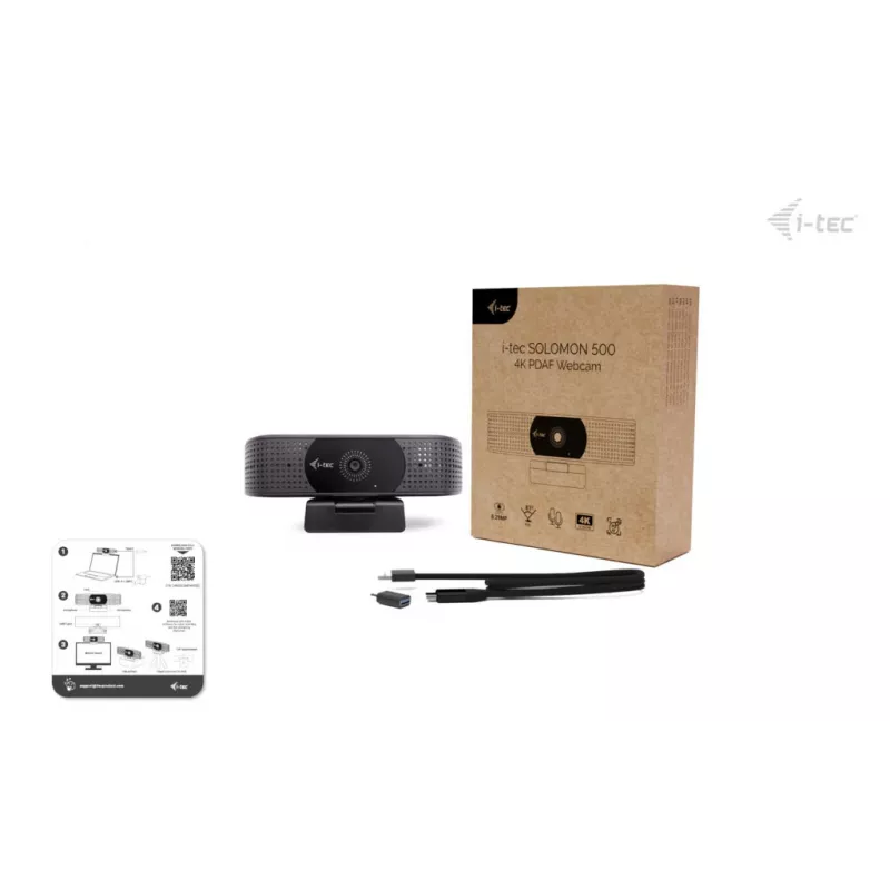 Webcam ITEC i-tec SOLOMON 500 4K PDAF — 4K Ultra HD, 3840×2160, USB, suporte de fixação, preto