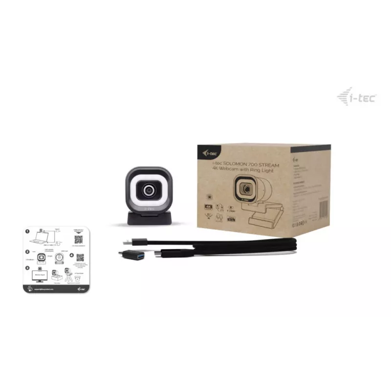 Webcam ITEC i-tec SOLOMON 700 STREAM 4K com 3840x2160@60fps, 8,29 MP, USB-C, rosca de tripé de 1/4 polegadas
