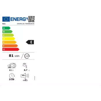 Máquina de lavar loiça BEKO DIS46120 totalmente integrada Slimline 45 cm, 11 serviços, branca, 46 dB, classe de eficiência energética E