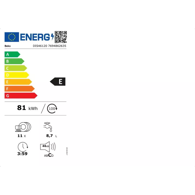 Máquina de lavar loiça BEKO DIS46120 totalmente integrada Slimline 45 cm, 11 serviços, branca, 46 dB, classe de eficiência energética E