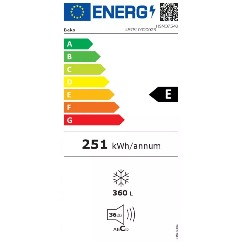 Arca congeladora BEKO HSM37540 — capacidade de 360 L, capacidade de congelação de 16,3 kg/24h, conservação 3 estrelas, classe climática SN‑T, branco