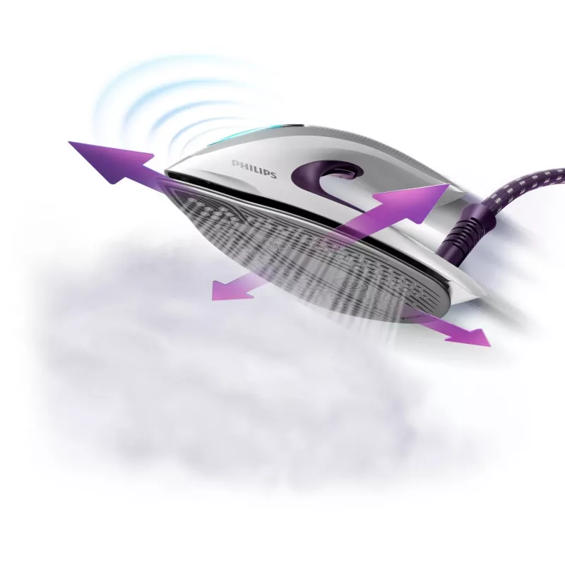 Central de engomar a vapor Philips GC9660/30 — depósito de água de 1,8 l, pressão de 7,5 bar, golpe de vapor de 520 g/min, base de engomar T-ionicGlide