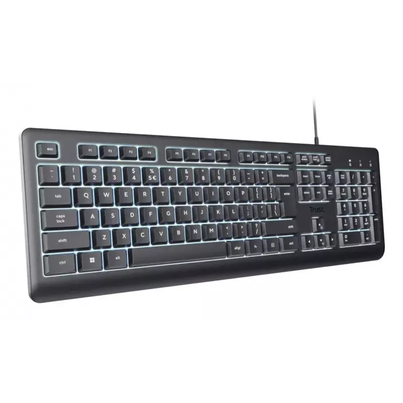 Teclado com fios tamanho completo TRUST Primo Illuminated USB QWERTZ alemão, 104 teclas, preto, cabo de 1,8 m