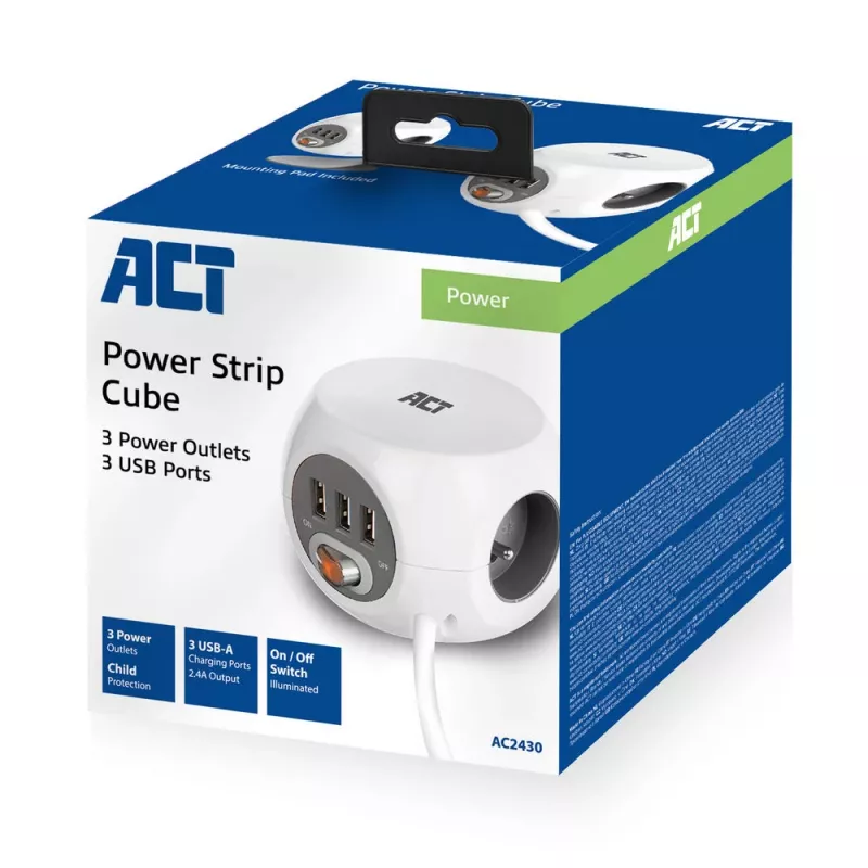 Unidade de distribuição de energia ACT AC2430 — 3 tomadas de corrente Type-F, 230 V, 16 A, cabo de 1,5 m, branco