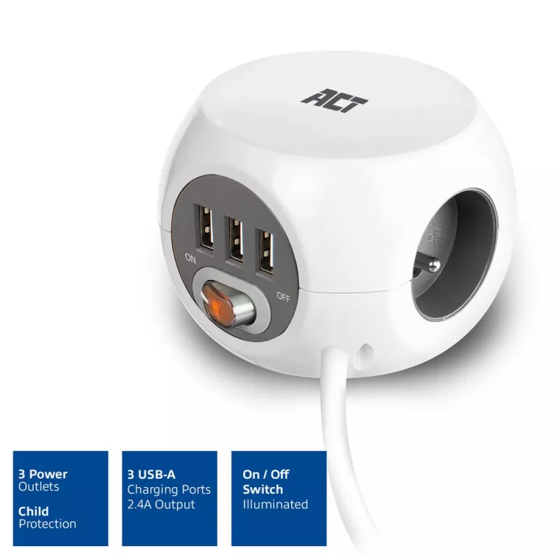 Unidade de distribuição de energia ACT AC2430 — 3 tomadas de corrente Type-F, 230 V, 16 A, cabo de 1,5 m, branco
