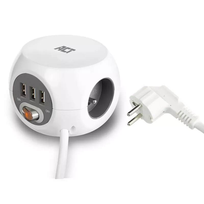 Unidade de distribuição de energia ACT AC2430 — 3 tomadas de corrente Type-F, 230 V, 16 A, cabo de 1,5 m, branco