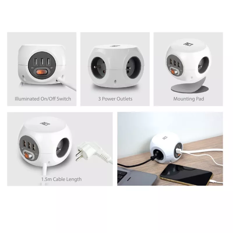 Unidade de distribuição de energia ACT AC2430 — 3 tomadas de corrente Type-F, 230 V, 16 A, cabo de 1,5 m, branco