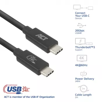 Cabo ACT USB4 20Gbps 240W USB Type-C 2 m preto certificado USB-IF