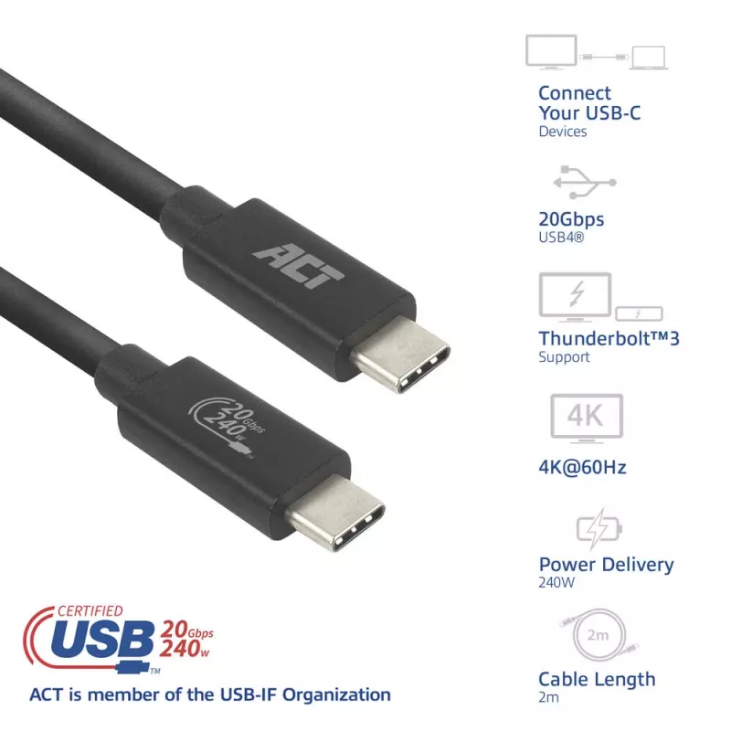 Cabo ACT USB4 20Gbps 240W USB Type-C 2 m preto certificado USB-IF