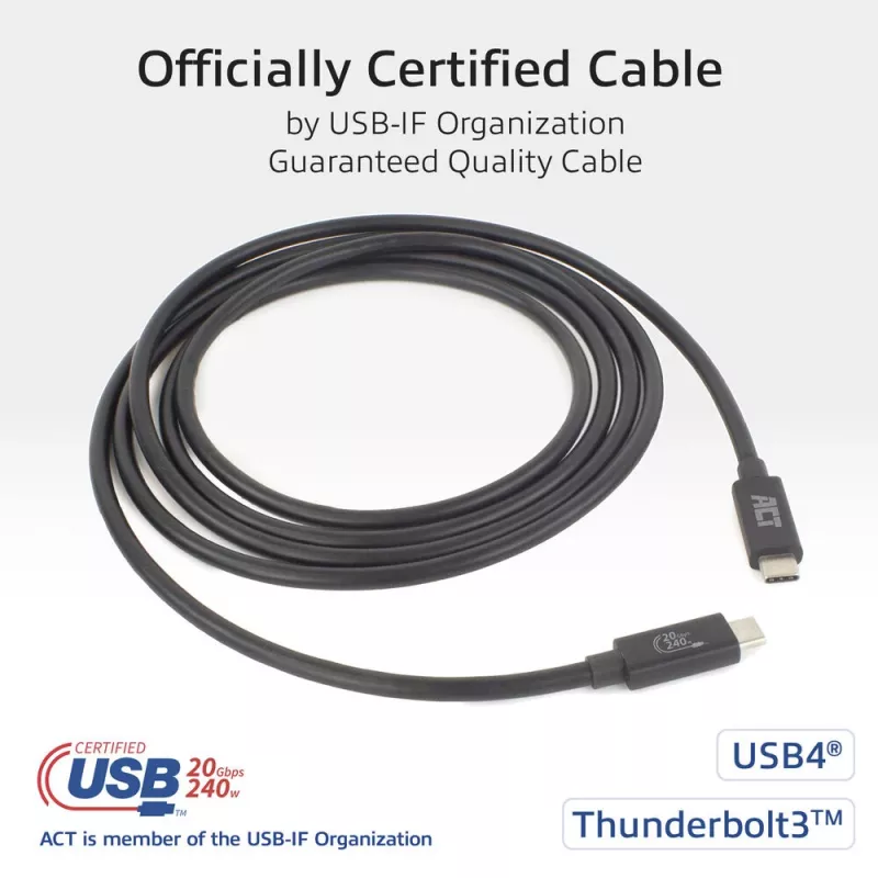 Cabo ACT USB4 20Gbps 240W USB Type-C 2 m preto certificado USB-IF